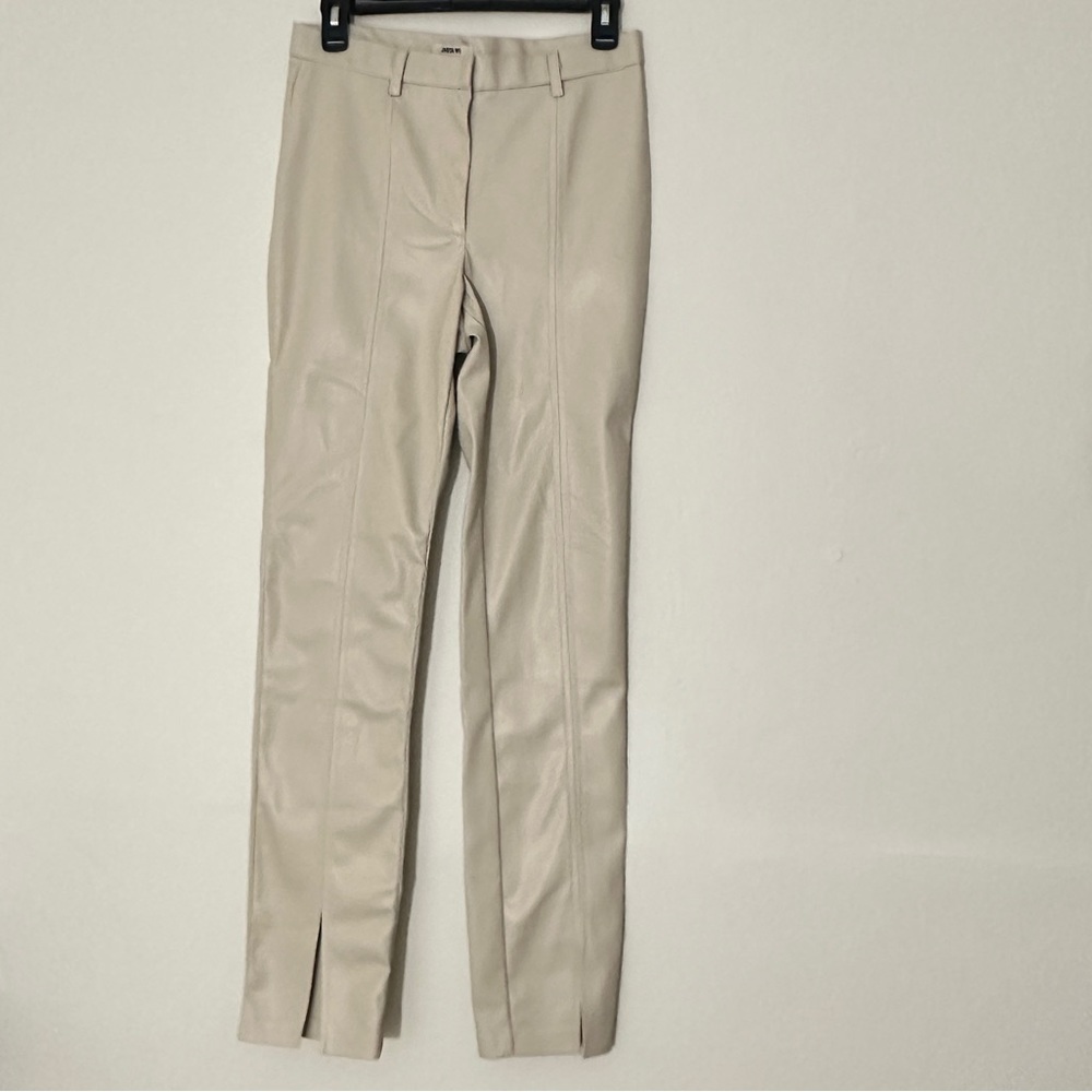 Jason Wu Vegan Beige Faux Leather High-Waist Slit Hem  Pants Trousers